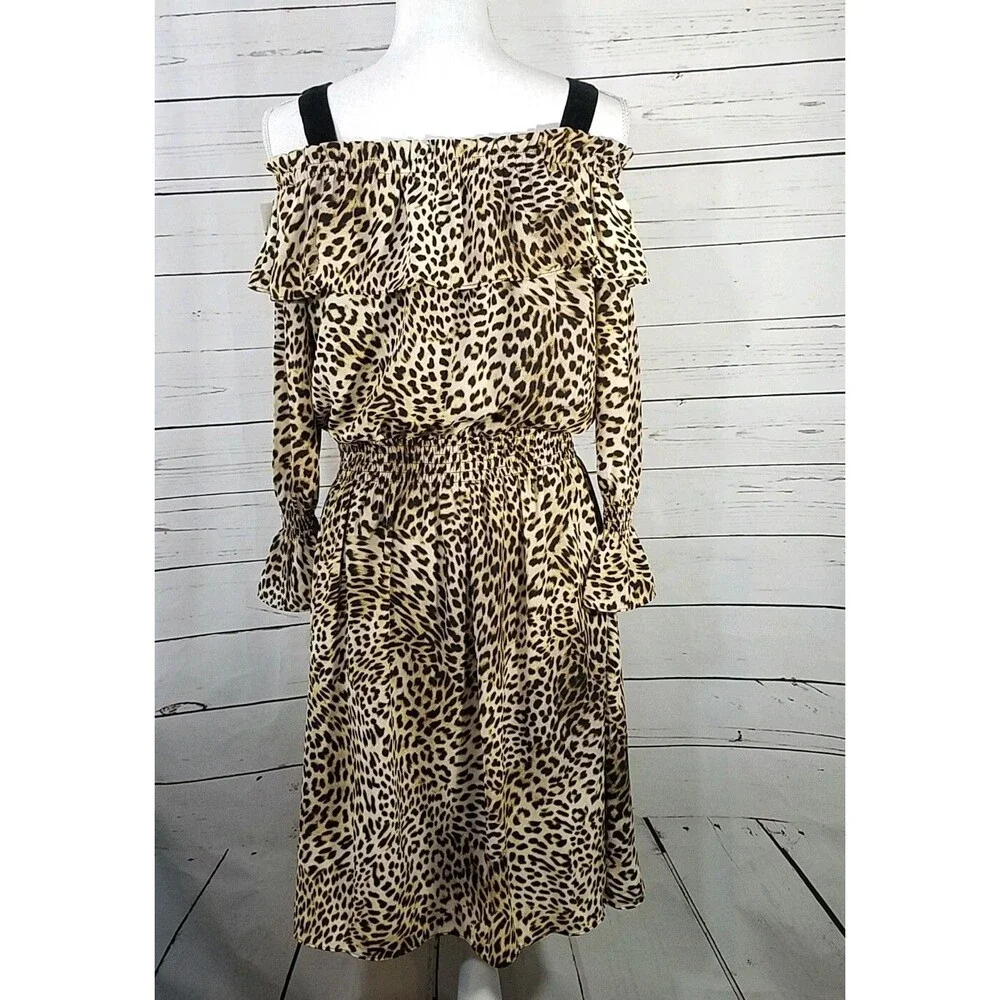Libby Edelman Womens Leopard Print Off Shoulder Boho Festival Swing Dress NWT M